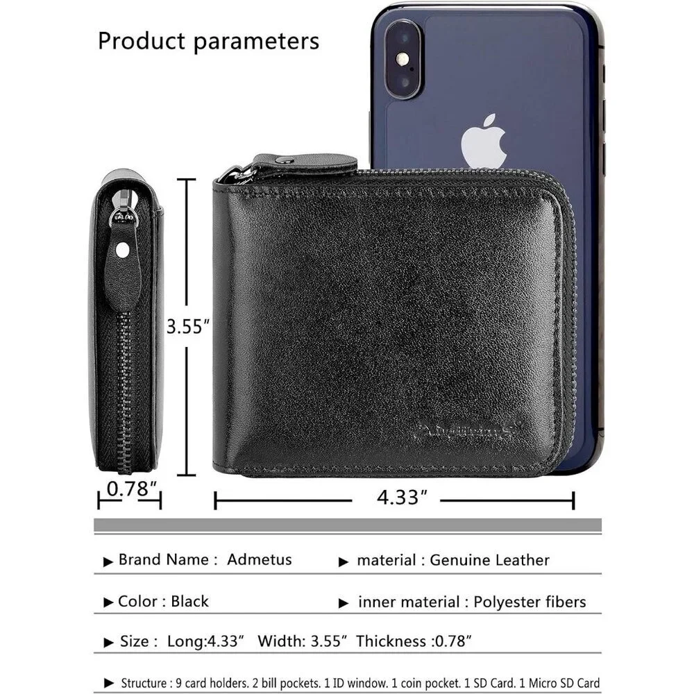 Men's Genuine Leather Black-19 Short Zip Around Pockets Bifold Wallet Card